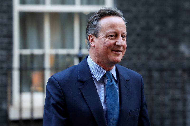 &copy; Reuters. رئيس الوزراء البريطاني السابق ووزير الخارجية المعين حديثا ديفيد كاميرون أمام مقر الحكومة البريطانية في لندن يوم الاثنين. تصوير: سوزان بلان