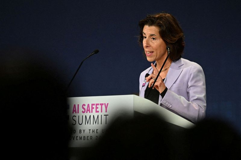 &copy; Reuters. FILE PHOTO: U.S. Commerce Secretary Gina Raimondo speaks on Day 1 of the AI Safety Summit at Bletchley Park in Bletchley, Britain on November 1, 2023.  Leon Neal/Pool via REUTERS/File Photo