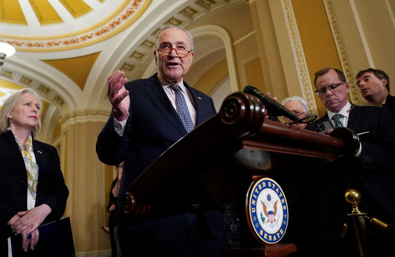 &copy; Reuters. FILE PHOTO: Senate Majority Leader Chuck Schumer (D-NY) speaks to reporters at the Capitol in Washington, U.S., October 31, 2023. REUTERS/Kevin Lamarque/File Photo