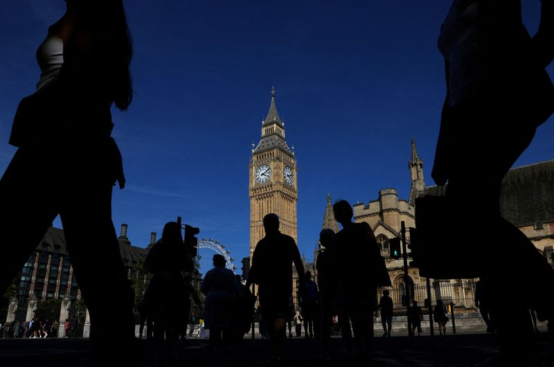 &copy; Reuters. FILE PHOTO: People are silhouetted as they walk near the Elizabeth Tower, more commonly known as Big Ben, and the Houses of Parliament in London, Britain, September 14, 2023. REUTERS/Toby Melville/File Photo