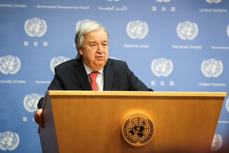&copy; Reuters. United Nations Secretary-General Antonio Guterres speaks at the United Nations prior to a meeting about the ongoing conflict in Gaza, at the United Nations Headquarters in New York City, U.S., November 6, 2023.  REUTERS/Caitlin Ochs