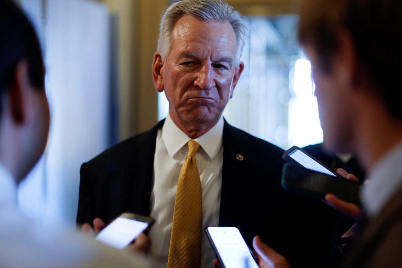 &copy; Reuters. FILE PHOTO: U.S. Senator Tommy Tuberville (R-AL) speaks with reporters on the way to the Senate floor for a procedural vote regarding top military appointees at the U.S. Capitol in Washington, U.S., September 20, 2023.  REUTERS/Jonathan Ernst/File Photo