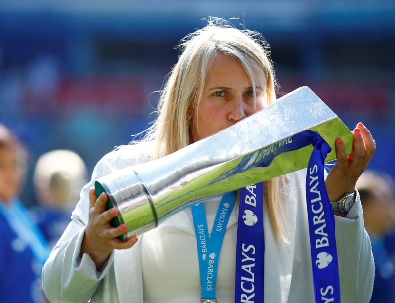 &copy; Reuters. FILE PHOTO: Soccer Football - Women's Super League - Reading v Chelsea - Madejski Stadium, Reading, Britain - May 27, 2023 Chelsea manager Emma Hayes celebrates with the trophy after winning the Women's Super League Action Images via Reuters/John Sibley/F