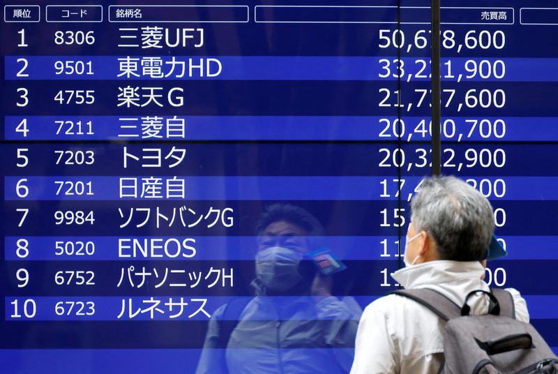 © Reuters. لوحة إلكترونية تعرض بيانات مؤشر نيكي الياباني خارج أحد البنوك في طوكيو يوم الخامس من يونيو حزيران 2023. تصوير: إيسي كاتو - رويترز.