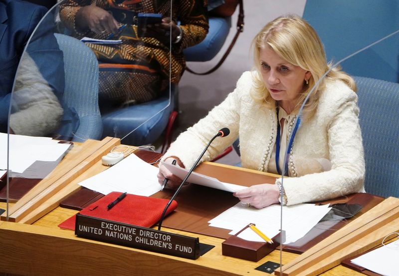 &copy; Reuters. المديرة التنفيذية لمنظمة الأمم المتحدة للطفولة (يونيسيف) كاثرين راسل خلال اجتماع لمجلس الأمن التابع لمنظمة الأمم المتحدة في صورة من أرشيف ر