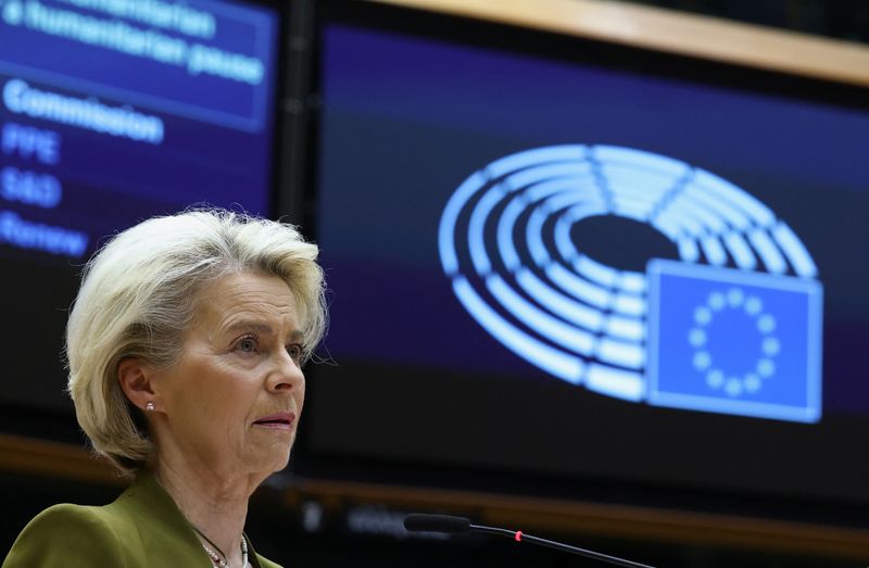 &copy; Reuters. La présidente de la Commission européenne, Ursula von der Leyen, s'adresse au Parlement européen à Bruxelles. /Photo prise le 8 novembre 2023/REUTERS/Yves Herman