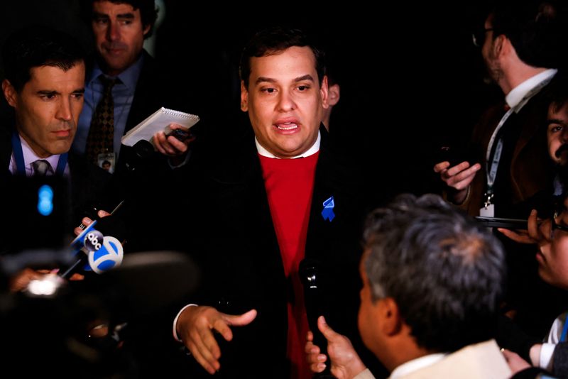 &copy; Reuters. U.S. Rep. George Santos (R-NY) speaks to members of the media after his Congressional colleagues voted not to expel him from the House, after he was indicted on 23 federal corruption charges, on Capitol Hill in Washington, U.S. November 1, 2023. REUTERS/J