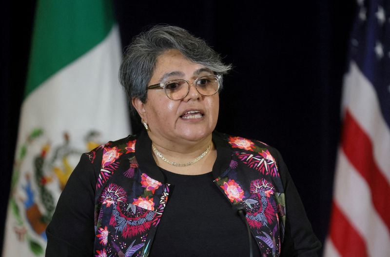 &copy; Reuters. FILE PHOTO: Mexico's Economy Minister Raquel Buenrostro takes part in a joint press conference with U.S. Secretary of State Antony Blinken and U.S. and Mexican officials during the U.S.-Mexico High-Level Economic Dialogue at the State Department in Washin