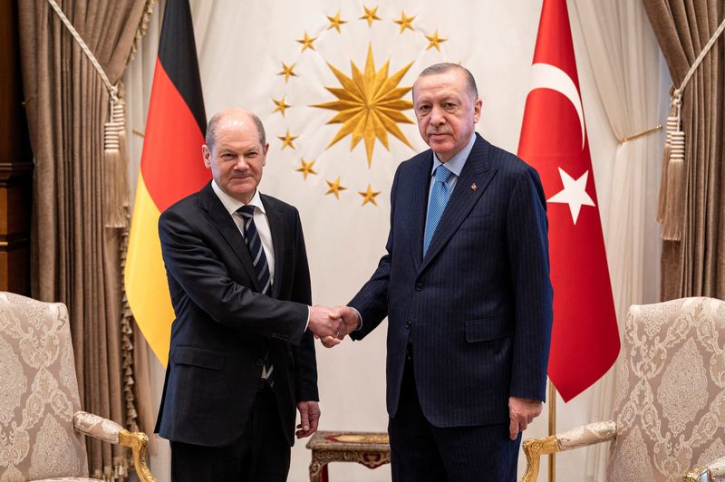 &copy; Reuters. FILE PHOTO: German Chancellor Olaf Scholz meets with Turkey's President Recep Tayyip Erdogan in Ankara, Turkey, March 14, 2022.   Guido Bergmann/BPA/Handout via REUTERS/File Photo