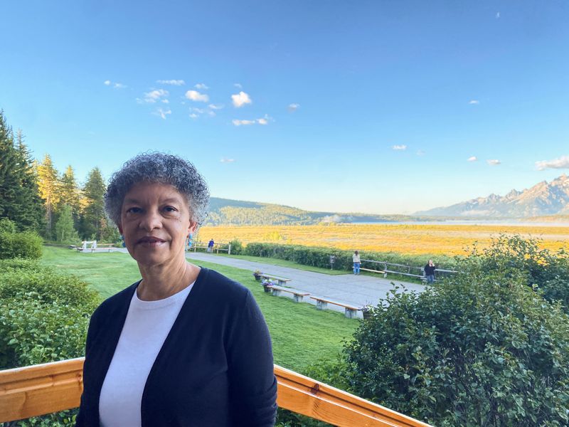 &copy; Reuters. FILE PHOTO: Federal Reserve Bank of Boston President Susan Collins stands behind the Jackson Lake Lodge in Jackson Hole, where the Kansas City Fed holds its annual economic symposium, in Wyoming, U.S., August 24, 2023. REUTERS/Ann Saphir