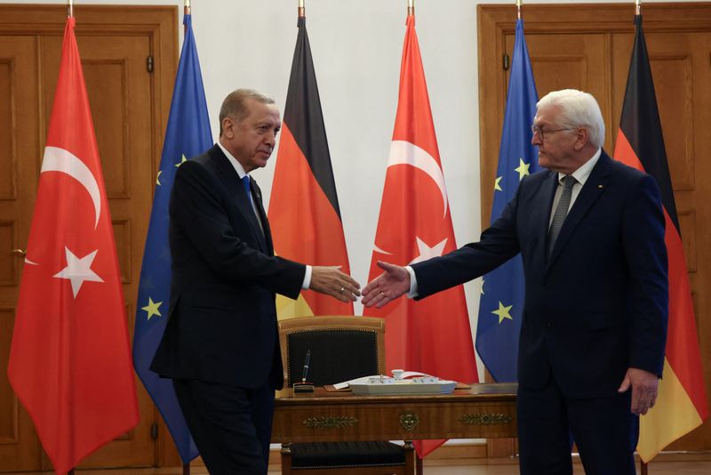 © Reuters. Turkey President Recep Tayyip Erdogan is welcomed by German President Frank-Walter Steinmeier at Bellevue Castle in Berlin, Germany, November 17, 2023. REUTERS/Liesa Johannssen