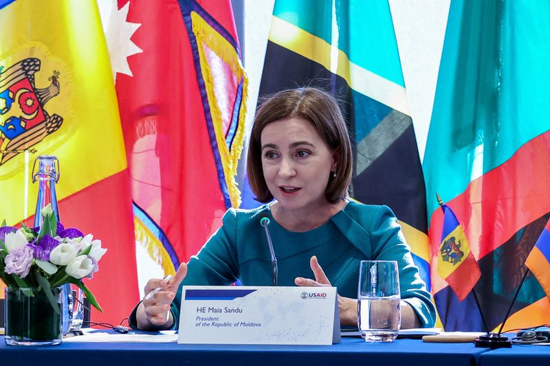 &copy; Reuters. FILE PHOTO: Moldovan President Maia Sandu speaks at the USAID "Democracy Delivers" event at the Ford Foundation Center for Social Justice, in New York City, U.S., September 20, 2023, on the sidelines of the 78th United Nations General Assembly. ZAK BENNET