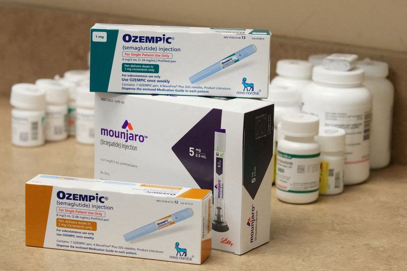 &copy; Reuters. FILE PHOTO: Boxes of Ozempic and Mounjaro, semaglutide and tirzepatide injection drugs used for treating type 2 diabetes and made by Novo Nordisk and Lilly, is seen at a Rock Canyon Pharmacy in Provo, Utah, U.S. March 29, 2023. REUTERS/George Frey