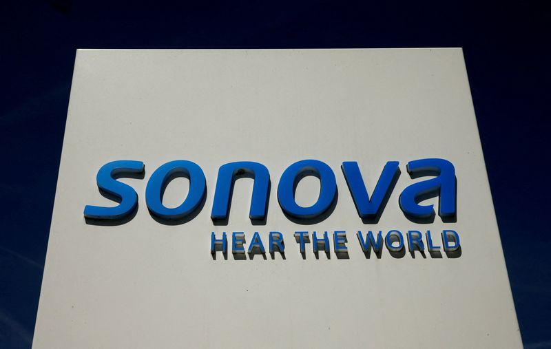 &copy; Reuters. Logo of Swiss hearing aid maker Sonova is seen at the company's headquarters in Staefa, Switzerland May 16, 2017. REUTERS/Arnd Wiegmann/File Photo