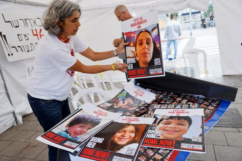 &copy; Reuters. Grupos de apoyo a las familias de los rehenes retenidos en la Franja de Gaza por Hamás preparan una campaña de carteles con sus retratos en Tel Aviv, Israel. 21 noviembre 2023. REUTERS/Amir Cohen