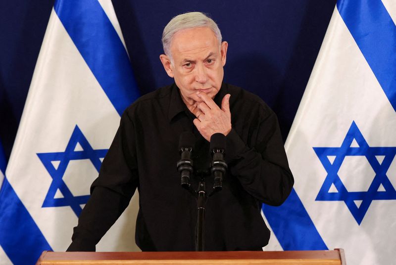 &copy; Reuters. رئيس الوزراء الإسرائيلي بنيامين نتنياهو خلال مؤتمر صحفي في تل أبيب يوم 28 أكتوبر تشرين الأول 2023. صورة لرويترز من ممثل لوكالات الأنباء.