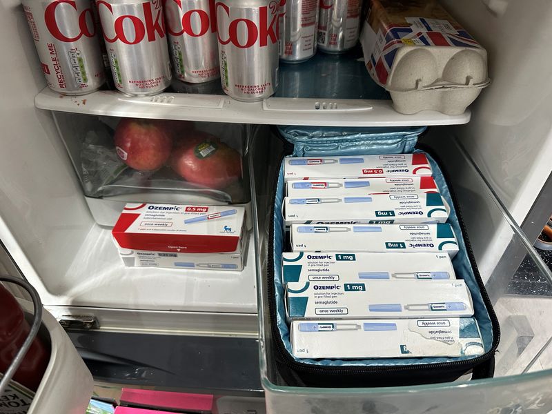 &copy; Reuters. A handout photo shows a nine-month supply of Novo Nordisk's diabetes drug Ozempic which was purchased by an individual from online pharmacies in the UK for "off-label" use for weight loss and stored in his refrigerator at home in London, Britain, October 