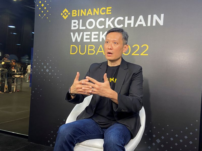 &copy; Reuters. Richard Teng, head of the Middle East and North Africa for crypto firm Binance gestures as he speaks during an interview with Reuters in Dubai, United Arab Emirates, March 30, 2022. Picture taken March 30, 2022. REUTERS/Abdel Hadi Ramahi/File Photo