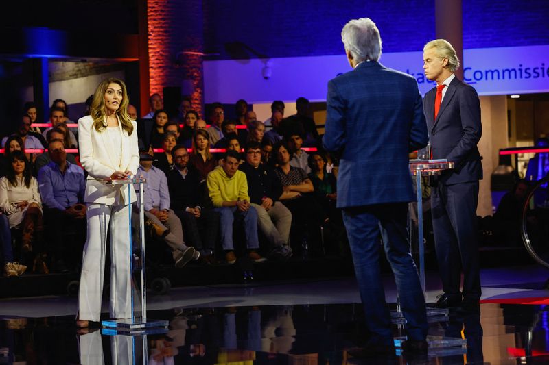 &copy; Reuters. Dutch party leader of VVD, Dilan Yesilgoz-Zegerius speaks as Geert Wilders, the leader of the PVV party looks on during the final debate between the lead candidates in the Dutch election before polls open on Wednesday, in The Hague, Netherlands, November 