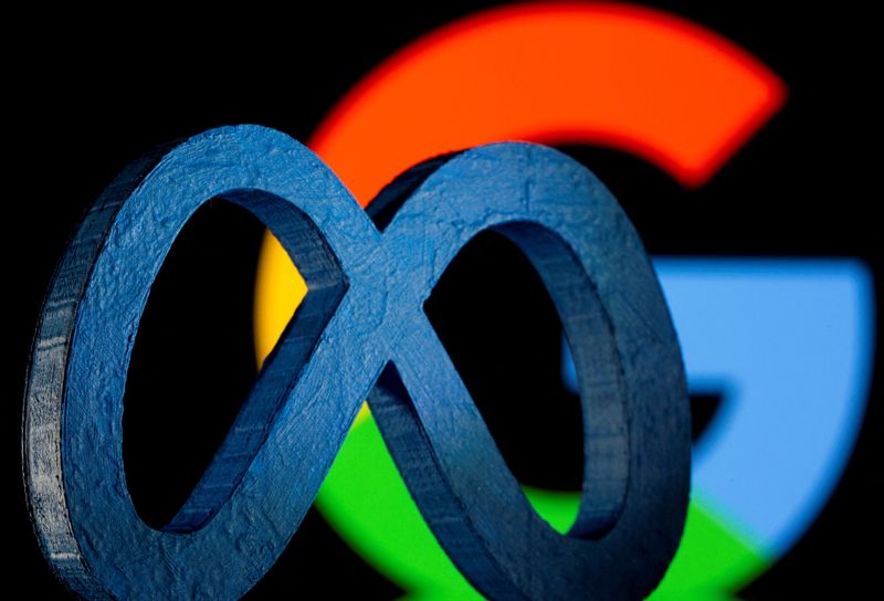 &copy; Reuters. FILE PHOTO: A 3D printed logo of Facebook parent Meta Platforms is seen in front of displayed Google logo in this illustration taken on November 2, 2021. REUTERS/Dado Ruvic/Illustration/File Photo