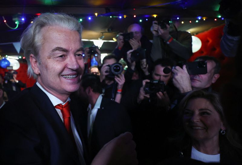 &copy; Reuters. Dutch far-right politician and leader of the PVV party, Geert Wilders reacts to the exit poll and early results in the Dutch parliamentary elections, in The Hague, Netherlands November 22, 2023. REUTERS/Yves Herman