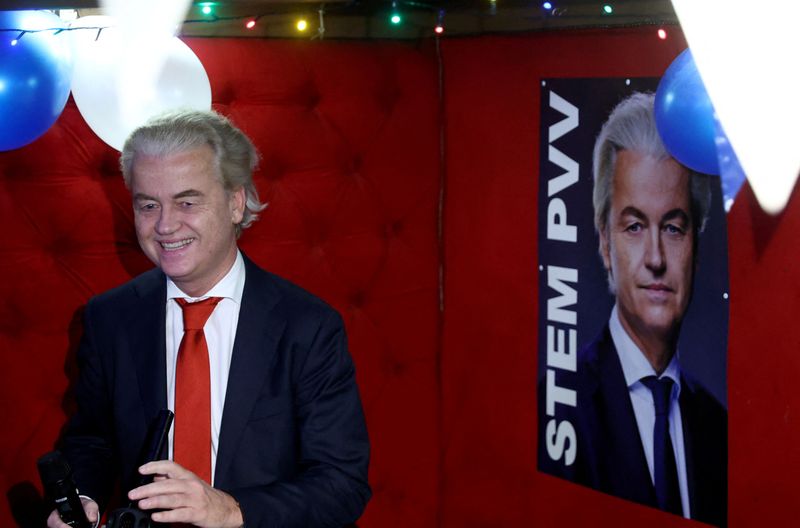 &copy; Reuters. El político neerlandés de extrema derecha y líder del partido PVV, Geert Wilders, reacciona a los sondeos a pie de urna y a los primeros resultados de las elecciones parlamentarias neerlandesas, en La Haya, Países Bajos. 22 de noviembre de 2023. REUTE