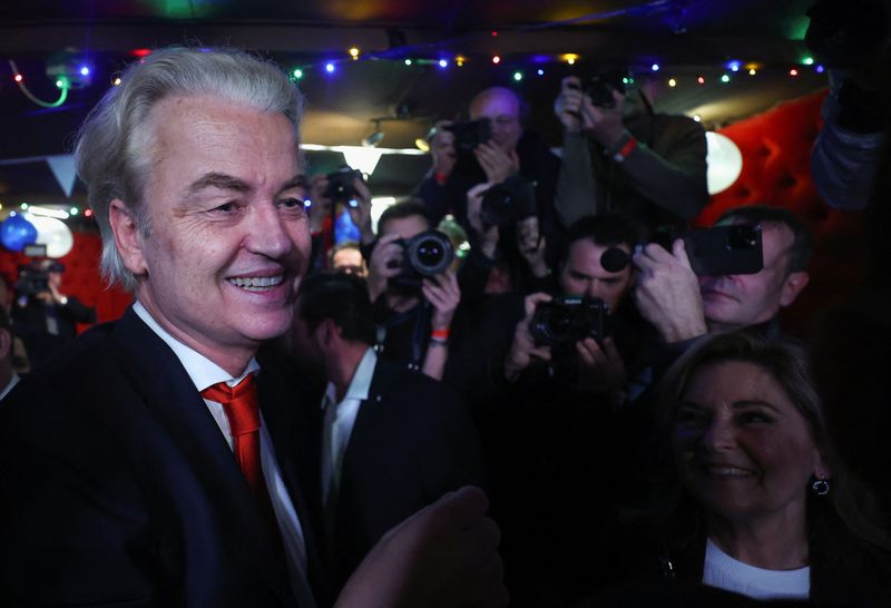 &copy; Reuters. Il populista olandese di estrema destra Geert Wilders, leader del partito PVV, dopo l'exit poll delle elezioni parlamentari olandesi, L'Aia, Paesi Bassi, 22 novembre 2023. REUTERS/Yves Herman