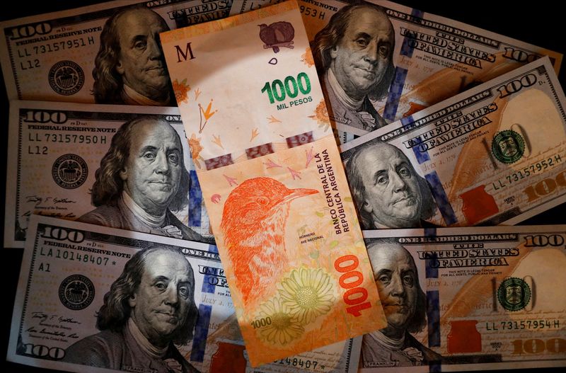 © Reuters. FILE PHOTO: A one thousand Argentine peso bill sits on top of several one hundred U.S. dollar bills in this illustration picture taken October 17, 2022. REUTERS/Agustin Marcarian/Illustration/File Photo
