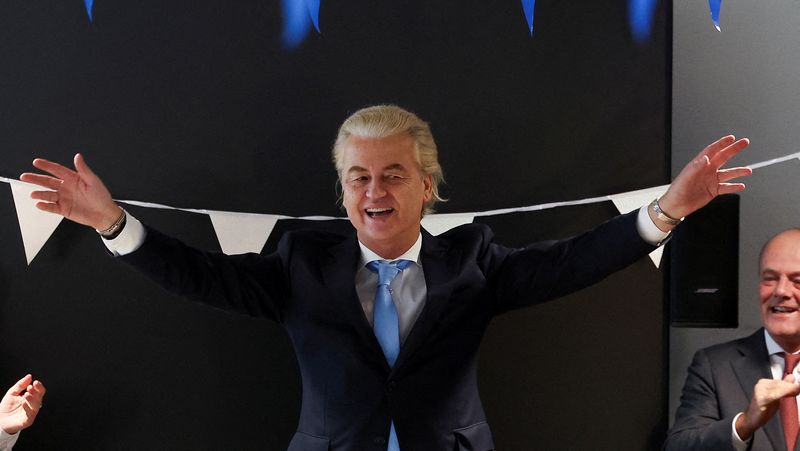 &copy; Reuters. FILE PHOTO: Dutch far-right politician and leader of the PVV party, Geert Wilders gestures as he meets with members of his party at the Dutch Parliament, after the Dutch parliamentary elections, in The Hague, Netherlands November 23, 2023. REUTERS/Yves He