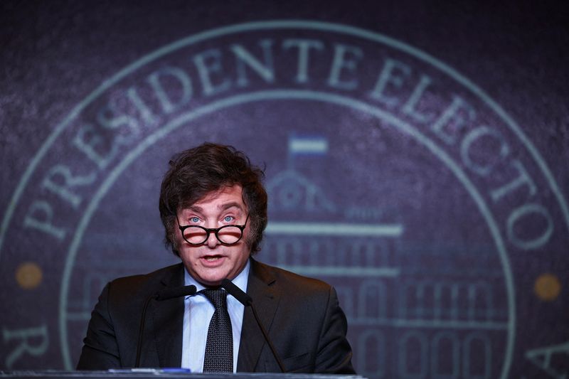 &copy; Reuters. Argentine president-elect Javier Milei addresses supporters after winning Argentina's runoff presidential election, in Buenos Aires, Argentina November 19, 2023. REUTERS/Agustin Marcarian