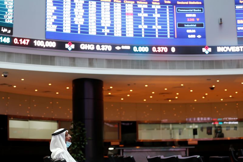 &copy; Reuters. A trader looks on near electronic boards showing stock market data at Bahrain Bourse after Joe Biden won the U.S. presidency, in Manama, Bahrain, November 8, 2020. REUTERS/Hamad I Mohammed/File Photo 