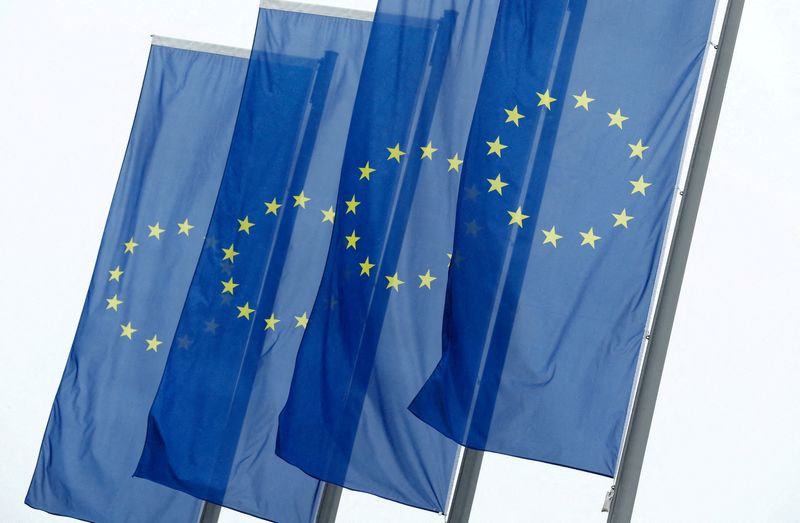 &copy; Reuters. FILE PHOTO: European Union (EU) flags fly in front of the headquarters of the European Central Bank (ECB) in Frankfurt, Germany, July 8, 2020. REUTERS/Ralph Orlowski/File Photo