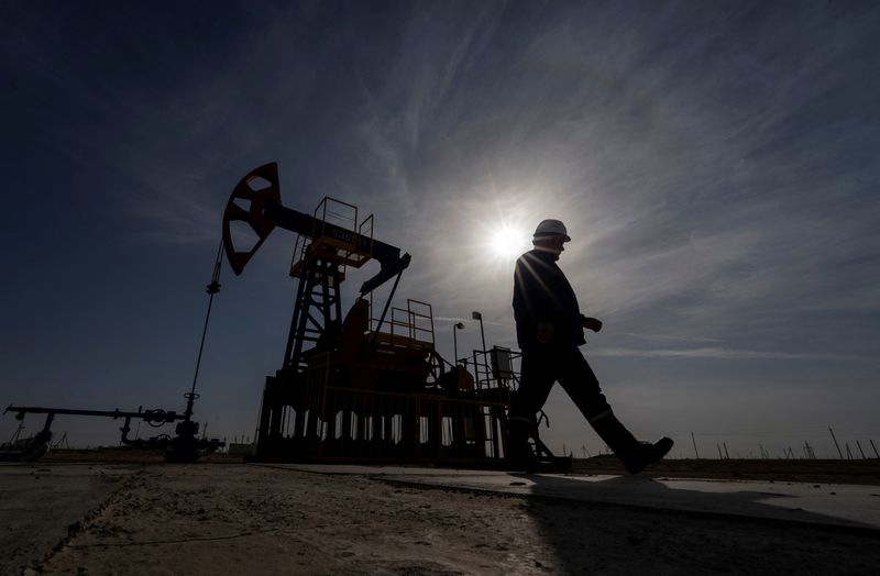 © Reuters. FILE PHOTO: An oil and gas industry worker walks during operations of a drilling rig at Zhetybay field in the Mangystau region, Kazakhstan, November 13, 2023. REUTERS/Turar Kazangapov/File Photo
