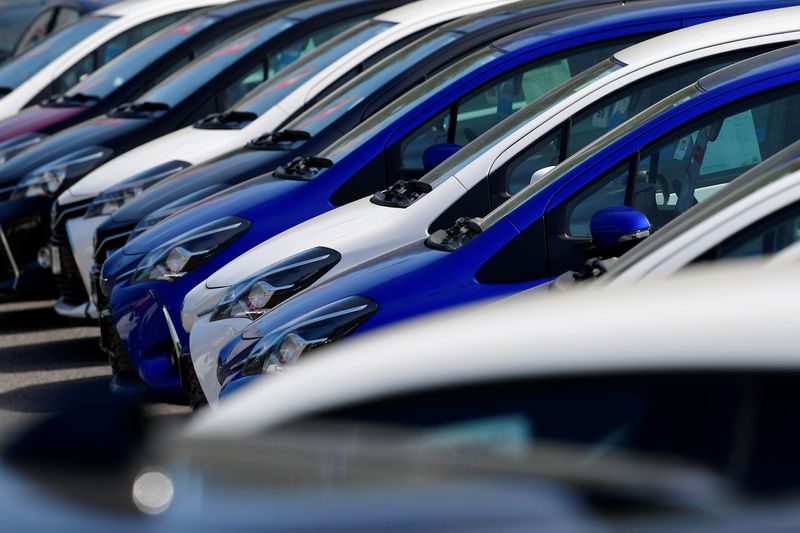 &copy; Reuters. FILE PHOTO: Toyota cars at a dealership in West London are pictured as it remains closed during lockdown following the outbreak of the coronavirus disease (COVID-19), London, Britain, May 5, 2020. REUTERS/Toby Melville/File Photo