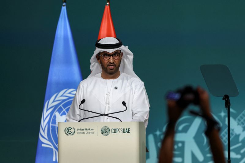 &copy; Reuters. سلطان الجابر رئيس (كوب28) مؤتمر الأمم المتحدة المعني بتغير المناخ خلال افتتاح المؤتمر في دبي يوم الخميس. تصوير : عمرو الفقي - رويترز