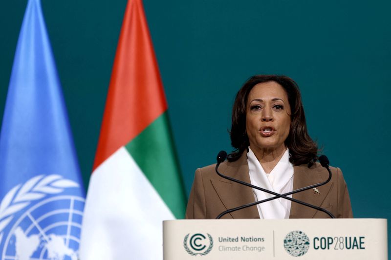 &copy; Reuters. كاملا هاريس نائبة الرئيس الأمريكي خلال مؤتمر المناخ كوب 28 في دبي يوم السبت. تصوير: عمرو الفقي- رويترز.