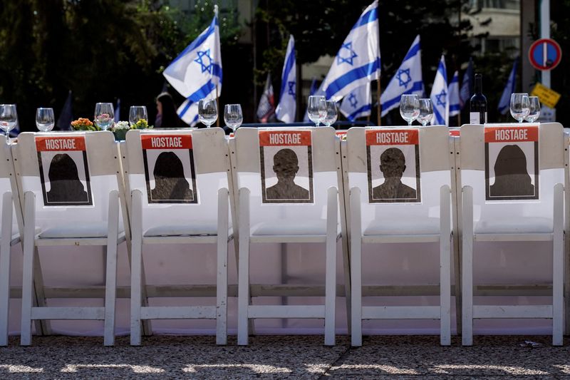 &copy; Reuters. FILE PHOTO: A dinner table is set with empty chairs that symbolically represent hostages and missing people with families that are waiting for them to come home, following a deadly infiltration by Hamas gunmen from the Gaza Strip, in Tel Aviv, Israel Octo