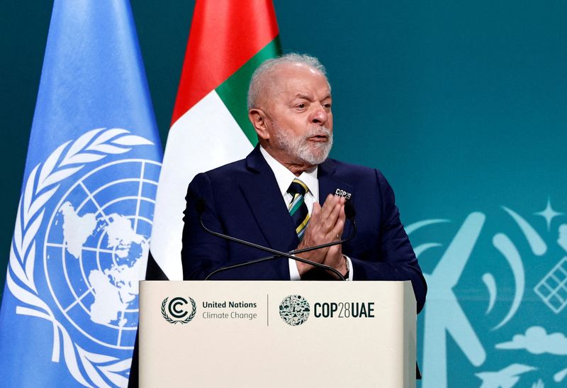 &copy; Reuters. FILE PHOTO: Brazil's President Luiz Inacio Lula da Silva delivers a national statement at the World Climate Action Summit during the United Nations Climate Change Conference (COP28) in Dubai, United Arab Emirates, December 1, 2023. REUTERS/Thaier Al Sudan