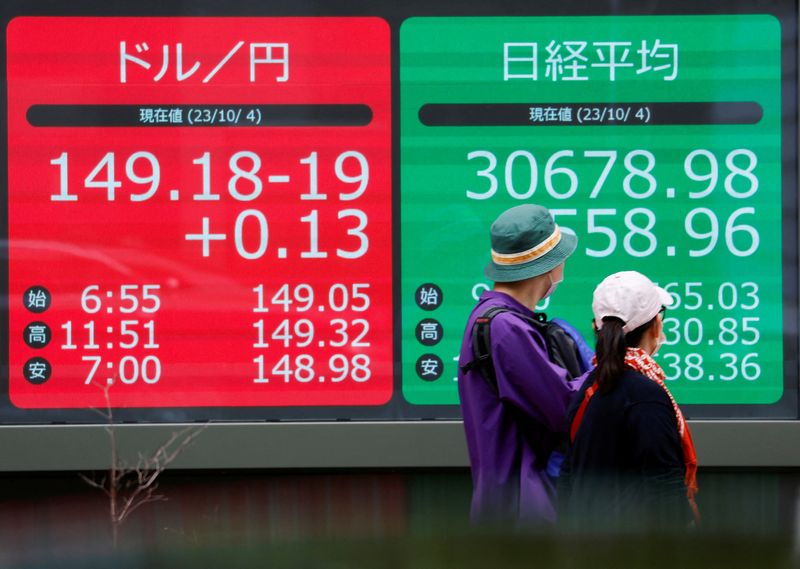 &copy; Reuters. رجل و امرأة ينظران إلى لوحة إلكترونية تعرض سعر صرف الين الياباني مقابل الدولار الأمريكي وحركة تداول الأسهم على المؤشر نيكي الياباني خارج شر