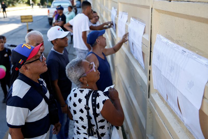 © Reuters. People look at the electoral list on the day of an electoral referendum over Venezuela's rights to the potentially oil-rich region of Esequiba, which has long been the subject of a border dispute between Venezuela and Guyana, in Caracas, Venezuela December 3, 2023. REUTERS/Leonardo Fernandez Viloria