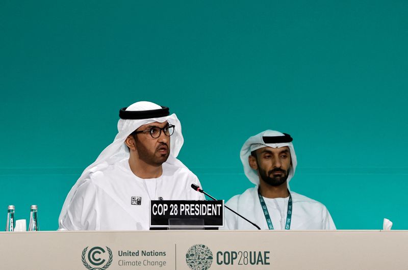 &copy; Reuters. سلطان الجابر رئيس مؤتمر الأمم المتحدة المعني بالمناخ (كوب28) يتحدث في الأول من ديسمبر كانون الأول 2023 خلال إحدى جلسات المؤتمر الذي تستضيفه دبي