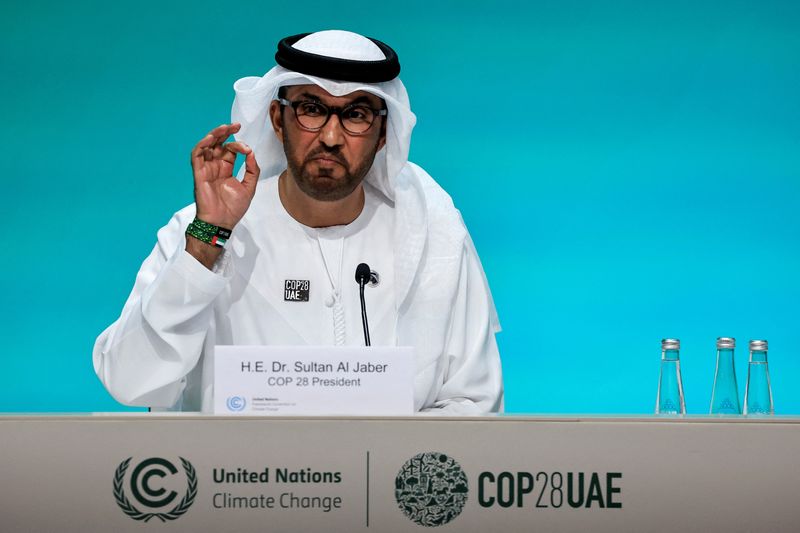 &copy; Reuters. United Arab Emirates Minister of Industry and Advanced Technology and COP28 President Sultan Ahmed Al Jaber speaks during a press conference at the United Nations Climate Change Conference (COP28) in Dubai, United Arab Emirates, December 4, 2023. REUTERS/