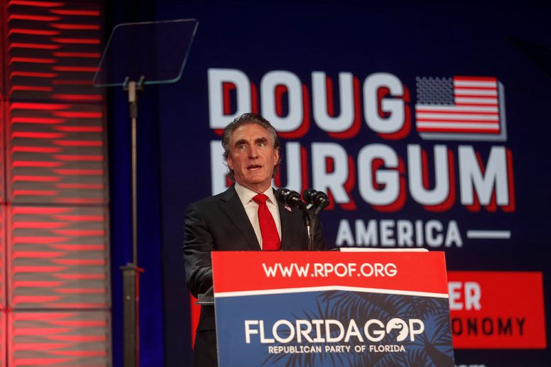 &copy; Reuters. Republican presidential candidate and Governor of North Dakota Doug Burgum speaks during the party's Florida Freedom Summit in Kissimmee, Florida, U.S., November 4, 2023.  REUTERS/Octavio Jones