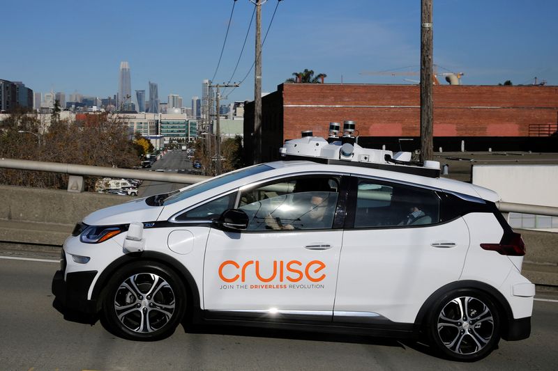 &copy; Reuters. FILE PHOTO: The San Francisco skyline is seen behind a self-driving GM Bolt EV during a media event where Cruise, GM's autonomous car unit, showed off its self-driving cars in San Francisco, California, U.S. November 28, 2017. REUTERS/Elijah Nouvelage/Fil