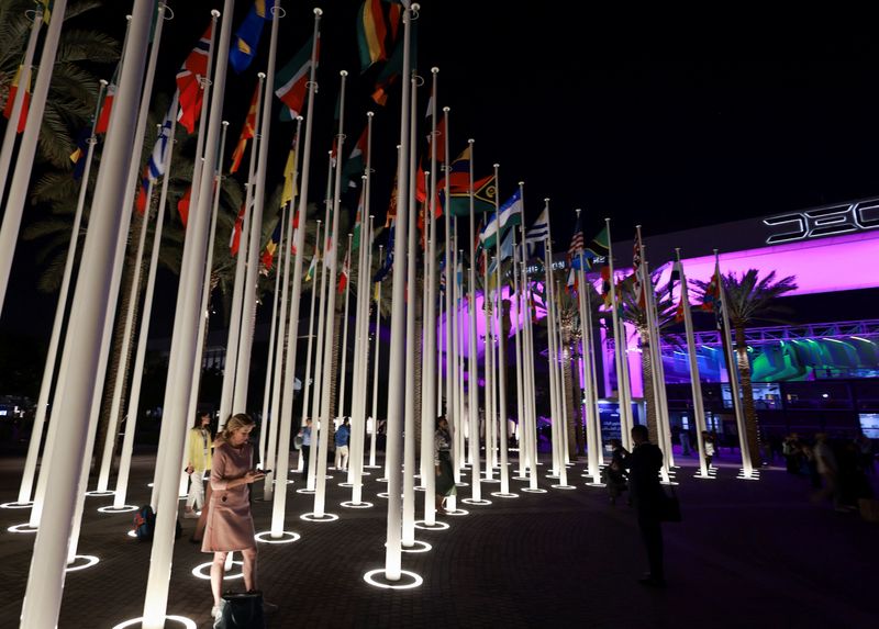 &copy; Reuters. Un grupo de personas junto a las banderas en la Expo City de Dubái durante la Conferencia de las Naciones Unidas sobre el Cambio Climático (COP28) en Dubái, Emiratos Árabes Unidos, el 4 de diciembre de 2023. REUTERS/Thaier Al-Sudani