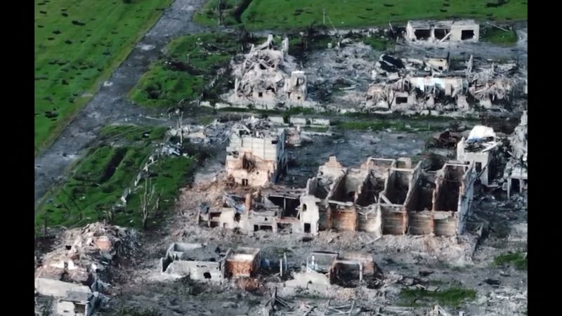 &copy; Reuters. FILE PHOTO: A drone view shows the remains of Maryinka city that was destroyed by the Russians, as Russia's attack on Ukraine continues, in Maryinka, Donetsk Region, Ukraine May 12, 2023, in this screengrab obtained from a social media video. Andriy Yerma