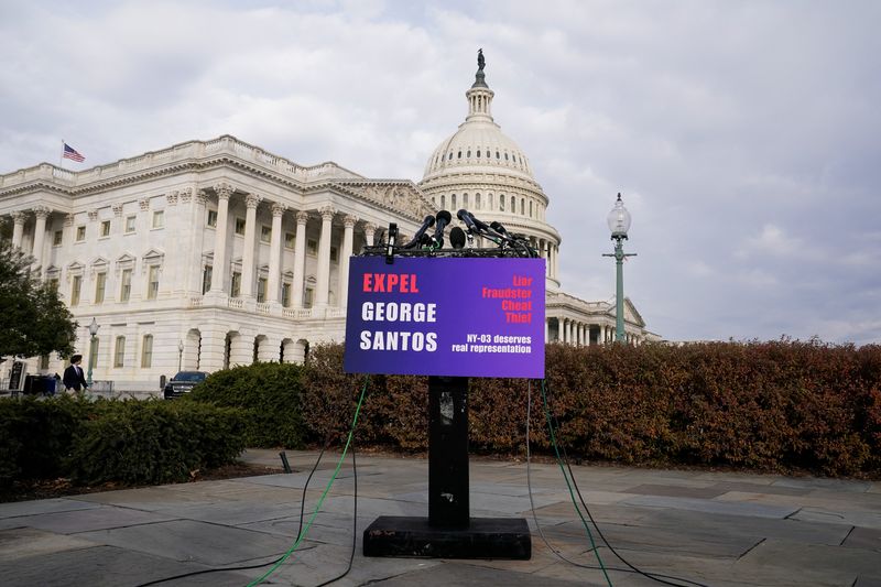 &copy; Reuters. A lectern and microphones are seen before the start of a press conference calling for the expulsion of U.S. Representative George Santos (R-NY) from the House of Representatives ahead of a vote on the expulsion, on Capitol Hill in Washington, U.S., Decemb