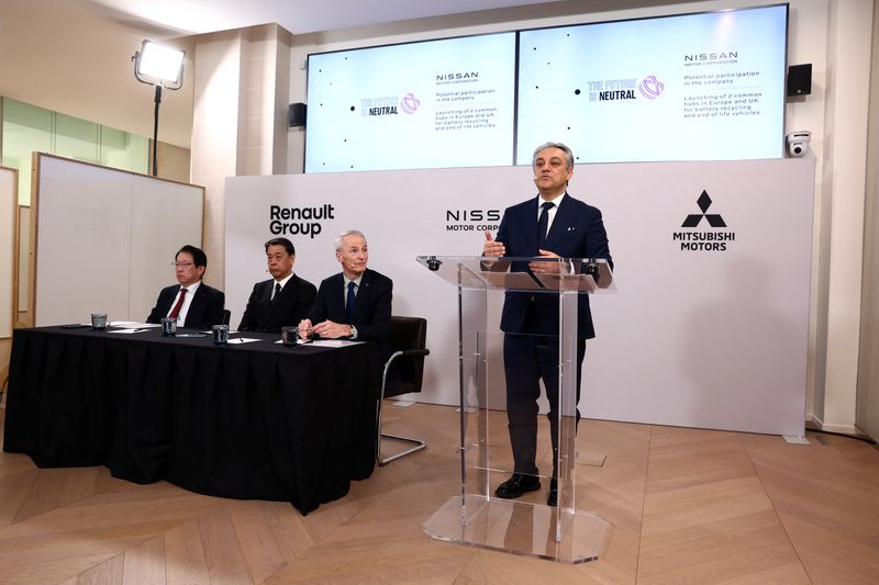 &copy; Reuters. Luca de Meo, CEO of Renault Group, speaks next to Jean-Dominique Senard, Chairman of the Alliance, Makoto Uchida, President and CEO of Nissan, and Takao Kato, President and CEO of Mitsubishi Motors, during a press conference by Renault Group, Nissan Motor