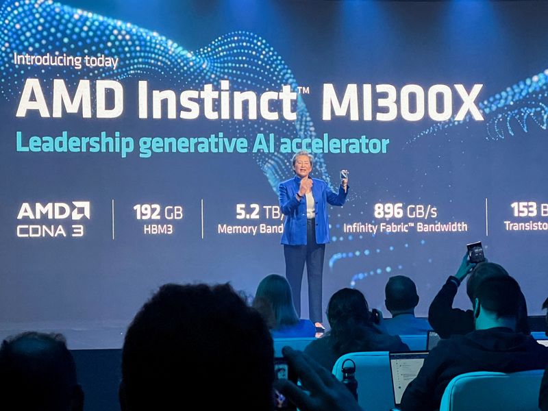 &copy; Reuters. FILE PHOTO: AMD Chief Executive Lisa Su holds the company's new MI300X chip at an event outlining AMD's artificial intelligence strategy in San Francisco, U.S., June 13, 2023. REUTERS/Stephen Nellis/File Photo