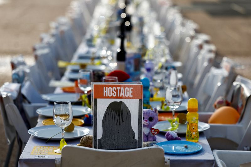 © Reuters. A dinner table is set with empty chairs that symbolically represent Israeli hostages, who are being held in the Gaza Strip after they were seized by Hamas gunmen on October 7, as the country observes the Jewish festival Hanukkah amid the ongoing conflict between Israel and the Palestinian Islamist group Hamas, in Tel Aviv, Israel December 7, 2023. REUTERS/Clodagh Kilcoyne
